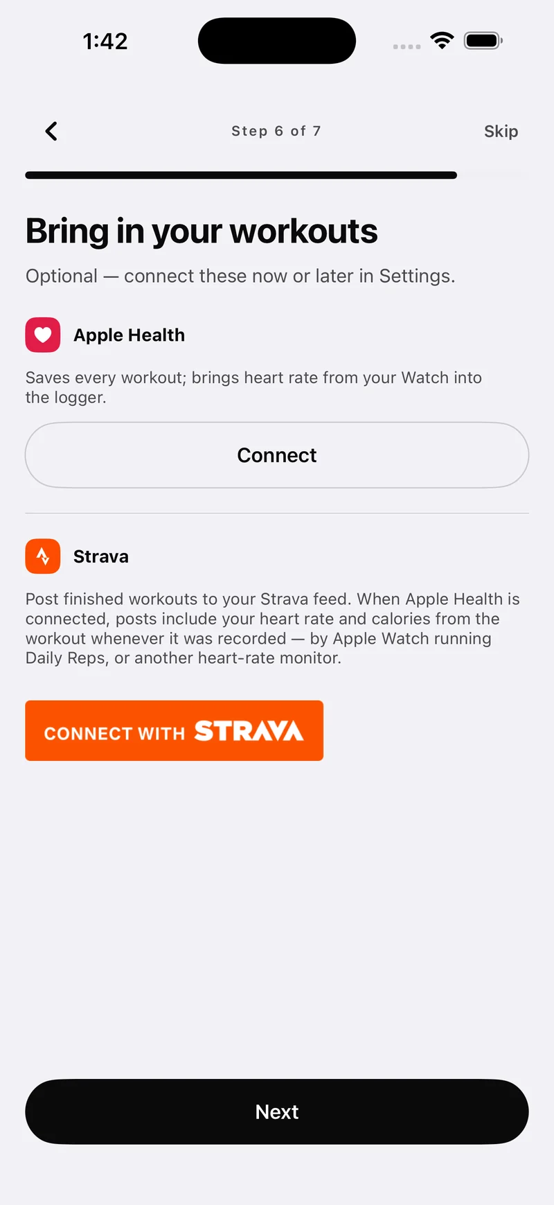 Connect Apple Health and Strava during Daily Reps setup